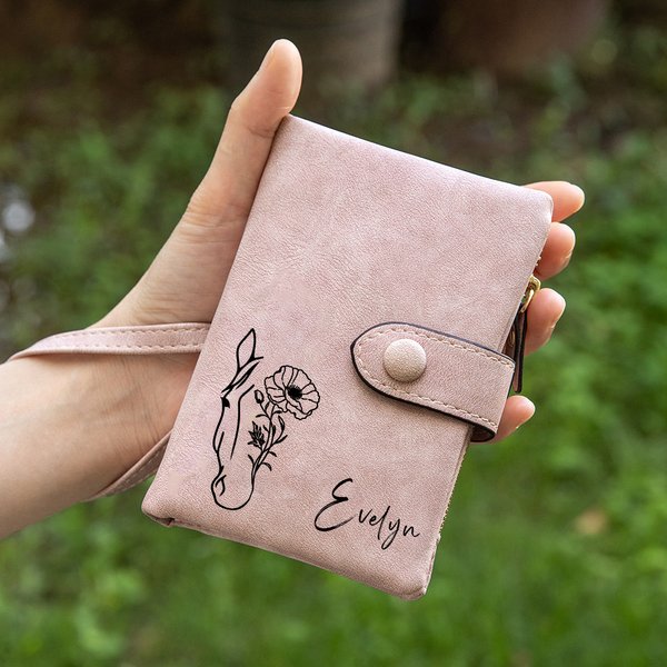 Personalisierte Pferd Geburt Blume Leder Tri-Folded Wristlet Name Wallet mit Karteninhaber Geburtstag Geschenk für Frauen Mädchen
