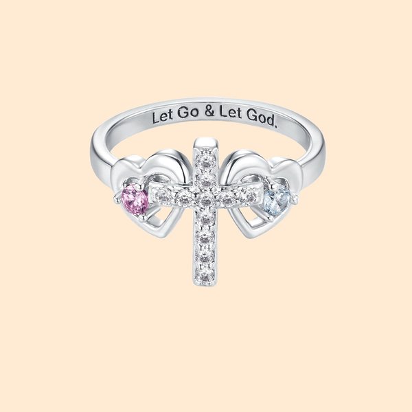 Personalised Double Heart Birthstone Cross Ring with Engraved Text Dainty Christian Jewellery Birthday Baptism Christmas Gift for Women