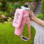 Personalized Line Birth Flower Horse Water Bottle Carrier Bag with Name Pouch and Strap Accessories for 40oz Stanley Birthday Gift for Women