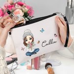Personalized Birth Flower Bouquet Cartoon Character Linen Makeup Bag with Name and Wristlet Mother's Day Birthday Gift for Women Girls