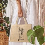 Personalized Line Drawing Birth Flower Horse Large Jute Tote Bag with Name Birthday Gift for Women Horse Lovers