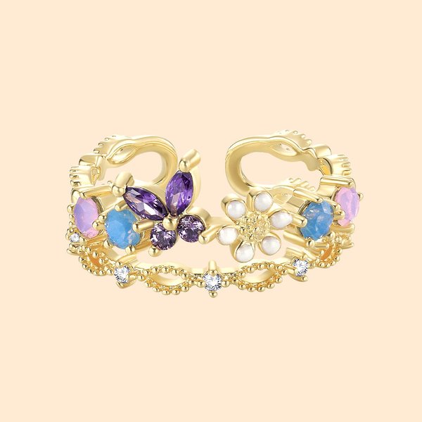 Personalized Dainty Stackable Floral Butterfly Open Ring with Birthstone Birthday Gift for Women
