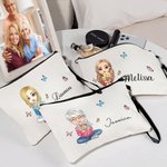 Personalized Birth Flower Bouquet Cartoon Character Linen Makeup Bag with Name and Wristlet Mother's Day Birthday Gift for Women Girls