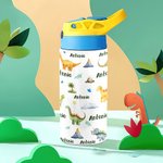 Personalized Multicolour Dinosaur 12oz Name Water Bottle with Straw and Spill-Proof Lid Back To School Birthday Gift for Boys Girls