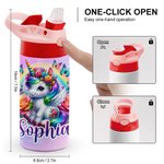 Personalized Colourful Fantasy Unicorn 12 oz Insulated Water Bottle with Name and Silicone Straw Birthday Gift for Kids