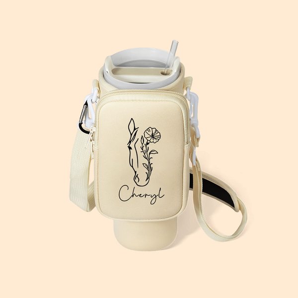 Personalized Line Birth Flower Horse Water Bottle Carrier Bag with Name Pouch and Strap Accessories for 40oz Stanley Birthday Gift for Women