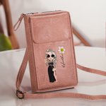 Personalised Cartoon Character Birth Flower PU Leather Portable Crossbody Wallet Phone Bag with Name Travel Essential Birthday Gift for Her