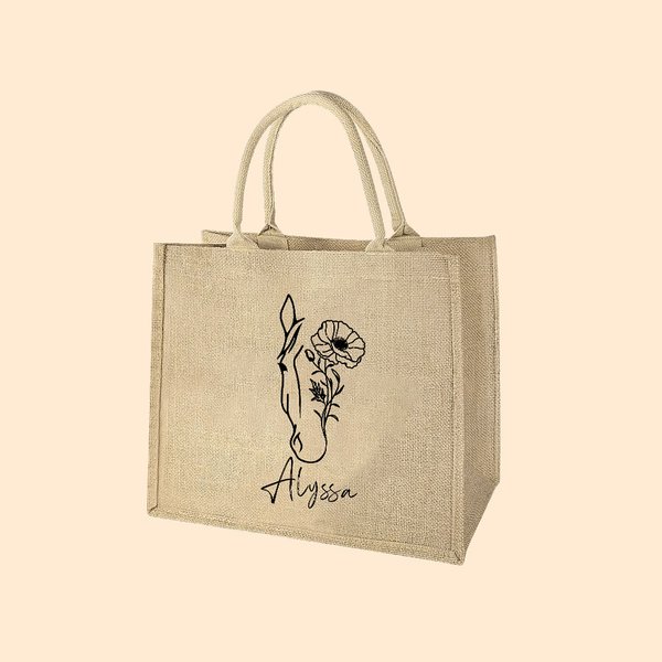 Personalized Line Drawing Birth Flower Horse Large Jute Tote Bag with Name Birthday Gift for Women Horse Lovers