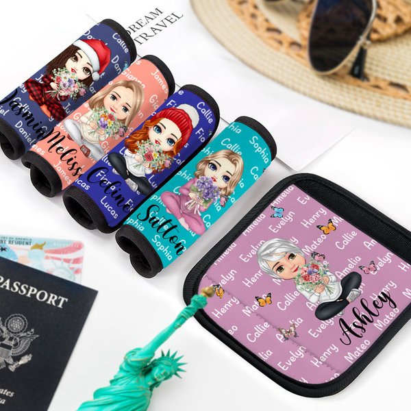 Personalized Birth Flower Cartoon Character Luggage Handle Wraps with Name Set of 2 Travel Accessories Birthday Gift for Travel Lovers