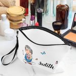 Personalized Birth Flower Bouquet Cartoon Character Linen Makeup Bag with Name and Wristlet Mother's Day Birthday Gift for Women Girls
