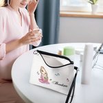 Personalized Birth Flower Bouquet Cartoon Character Linen Makeup Bag with Name and Wristlet Mother's Day Birthday Gift for Women Girls