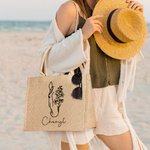 Personalized Line Drawing Birth Flower Horse Large Jute Tote Bag with Name Birthday Gift for Women Horse Lovers