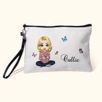 Personalized Birth Flower Bouquet Cartoon Character Linen Makeup Bag with Name and Wristlet Mother's Day Birthday Gift for Women Girls