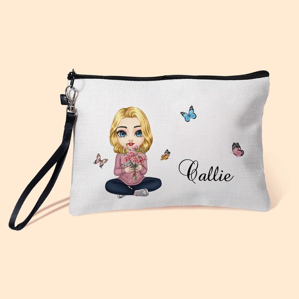 Personalized Birth Flower Bouquet Cartoon Character Linen Makeup Bag with Name and Wristlet Mother's Day Birthday Gift for Women Girls