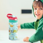 Personalized Multicolour Dinosaur 12oz Name Water Bottle with Straw and Spill-Proof Lid Back To School Birthday Gift for Boys Girls