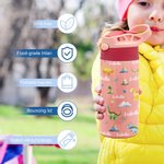 Personalized Multicolour Dinosaur 12oz Name Water Bottle with Straw and Spill-Proof Lid Back To School Birthday Gift for Boys Girls