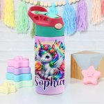 Personalized Colourful Fantasy Unicorn 12 oz Insulated Water Bottle with Name and Silicone Straw Birthday Gift for Kids