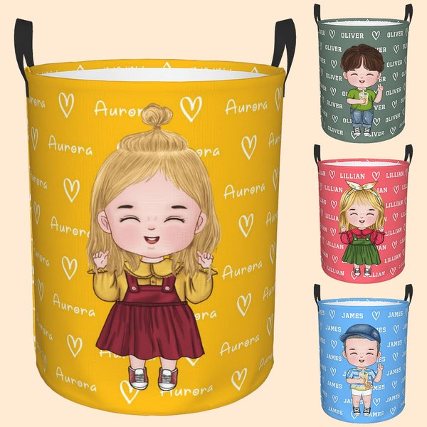 Personalized Cartoon Girl Boy Waterproof Laundry Storage Basket with Name and Handle Birthday Children's Day Gift for Kids