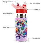 Personalized Colourful Fantasy Unicorn 12 oz Insulated Water Bottle with Name and Silicone Straw Birthday Gift for Kids