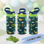 Personalized Multicolour Dinosaur 12oz Name Water Bottle with Straw and Spill-Proof Lid Back To School Birthday Gift for Boys Girls