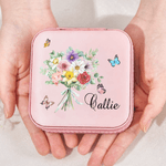 Coffret à bijoux de voyage en cuir personnalisé avec nom, anniversaire, mariage, famille, papillon.