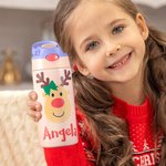 Personalized Colorful Reindeer 12oz Kid Water Bottle with Name and Silicone Straw Birthday Christmas Gift for Girls Boys