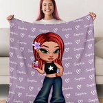 Personnalisé Cartoon Y2K Girl Cozy Soft Throw Blanket with Name Home Decor Birthday Gift for Women Girls