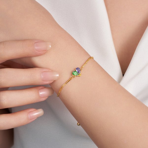 Personalized Adjustable 2 Birthstones Heart Bracelet Valentine's Day Birthday Friendship Gift for Couple Best Friend