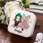 Personalised Cartoon Character Christmas Tree Leather Travel Jewellery Box with Name Portable Jewellery Case Christmas Gift for Women Girls