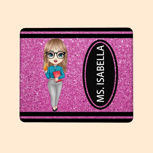 Tapis de Souris Personnalisé avec Dessin Personnage et Nom Style Crayon à Paillettes Imprimées Cadeau de Remerciement Rentrée Scolaire pour Professeur