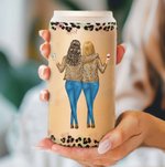 Personalised Floral Leopard Badass Sister Cartoon 20oz Frosted Name Glass Cup with Bamboo Lid and Straw Birthday Gift for Besties Friends