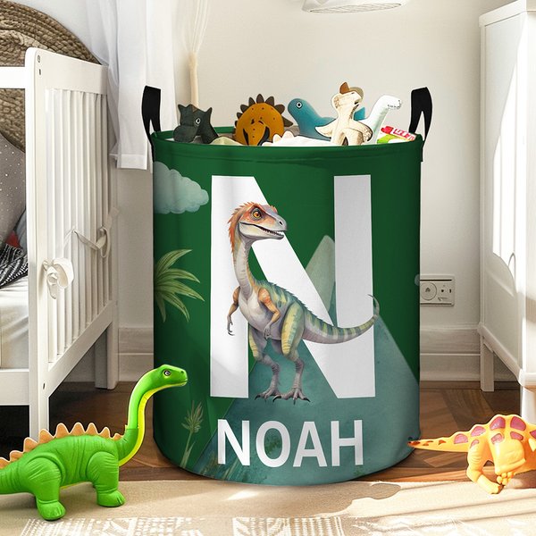Personalised Cute Dinosaur Large Waterproof Name Initial Laundry Storage Basket with Handle Birthday Housewarming Gift for Boys Girls