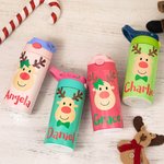 Personalized Colorful Reindeer 12oz Kid Water Bottle with Name and Silicone Straw Birthday Christmas Gift for Girls Boys