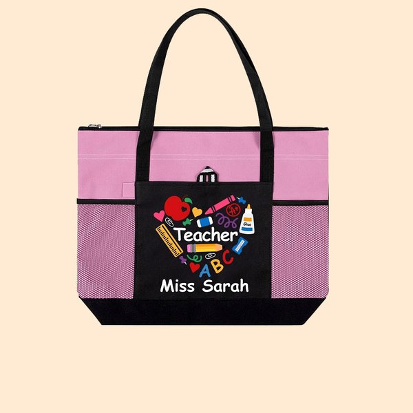 Personalised Apple Pencil Crayon Design Large Capacity Tote Bag with Mesh Pocket and Zipper Back to School Appreciation Gift for Teacher