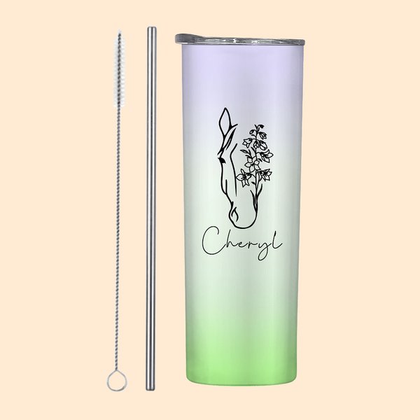 Personalized Line Drawing Birth Flower Horse Gradient 20oz Name Insulated Tumbler with Lid and Straw Birthday Gift for Women Horse Lovers