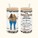Personalised Floral Leopard Badass Sister Cartoon 20oz Frosted Name Glass Cup with Bamboo Lid and Straw Birthday Gift for Besties Friends