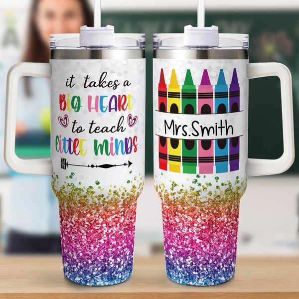 Personalised Faux Glitter Crayon Design 40oz Tumbler with Name Lid and Straw Appreciation Teacher's Day Gift for Teacher