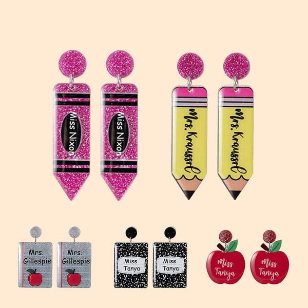Personalised Glitter Pencil Crayon Apple Wide Ruled Notebook Earrings with Name Appreciation Back to School Gift for Teacher