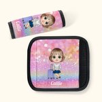 Personalized Cartoon Girl Woman Character Set of 2 Glitter Luggage Handle Wraps with Name and Contact Card Travel Accessories BIrthday Gift for Her