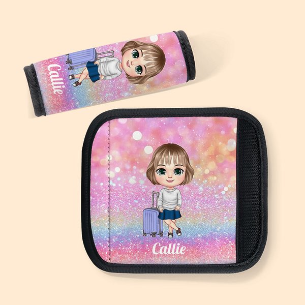 Personalized Cartoon Girl Woman Character Set of 2 Glitter Luggage Handle Wraps with Name and Contact Card Travel Accessories BIrthday Gift for Her