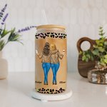 Personalised Floral Leopard Badass Sister Cartoon 20oz Frosted Name Glass Cup with Bamboo Lid and Straw Birthday Gift for Besties Friends
