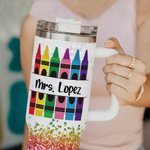 Personalised Faux Glitter Crayon Design 40oz Tumbler with Name Lid and Straw Appreciation Teacher's Day Gift for Teacher