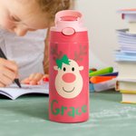 Personalized Colorful Reindeer 12oz Kid Water Bottle with Name and Silicone Straw Birthday Christmas Gift for Girls Boys