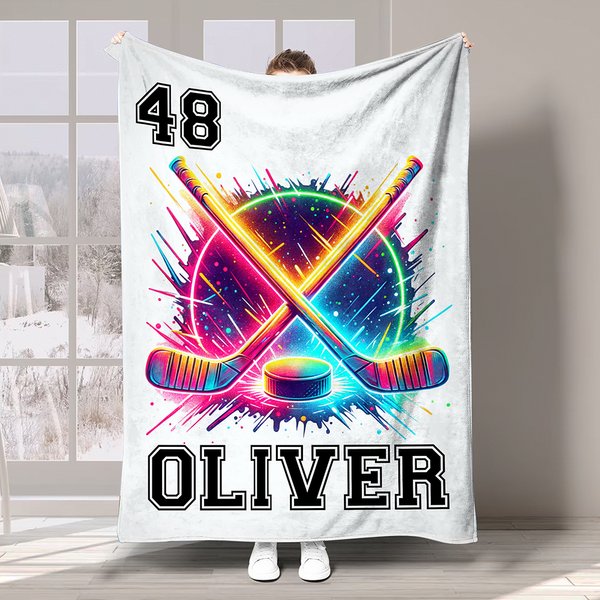 Personalized Neon Hockey Sports Design Soft Throw Blanket with Name Game Day Birthday Gift for Team Hockey Lovers