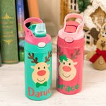 Personalized Colorful Reindeer 12oz Kid Water Bottle with Name and Silicone Straw Birthday Christmas Gift for Girls Boys