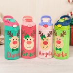 Personalized Colorful Reindeer 12oz Kid Water Bottle with Name and Silicone Straw Birthday Christmas Gift for Girls Boys