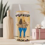 Personalised Floral Leopard Badass Sister Cartoon 20oz Frosted Name Glass Cup with Bamboo Lid and Straw Birthday Gift for Besties Friends