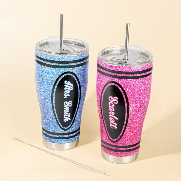 Personalised Multicolour Glitter Crayon Design 30oz Name Curved Tumbler with Straw Back to School Appreciation Gift for Teacher