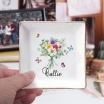 Personalised 1-8 Birth Flowers Bouquet Ceramic Trinket Jewellery Dish with Name Birthday Bridesmaid Party Gift for Women