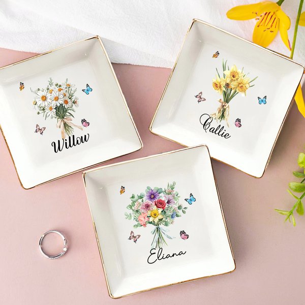 Personalised 1-8 Birth Flowers Bouquet Ceramic Trinket Jewellery Dish with Name Birthday Bridesmaid Party Gift for Women